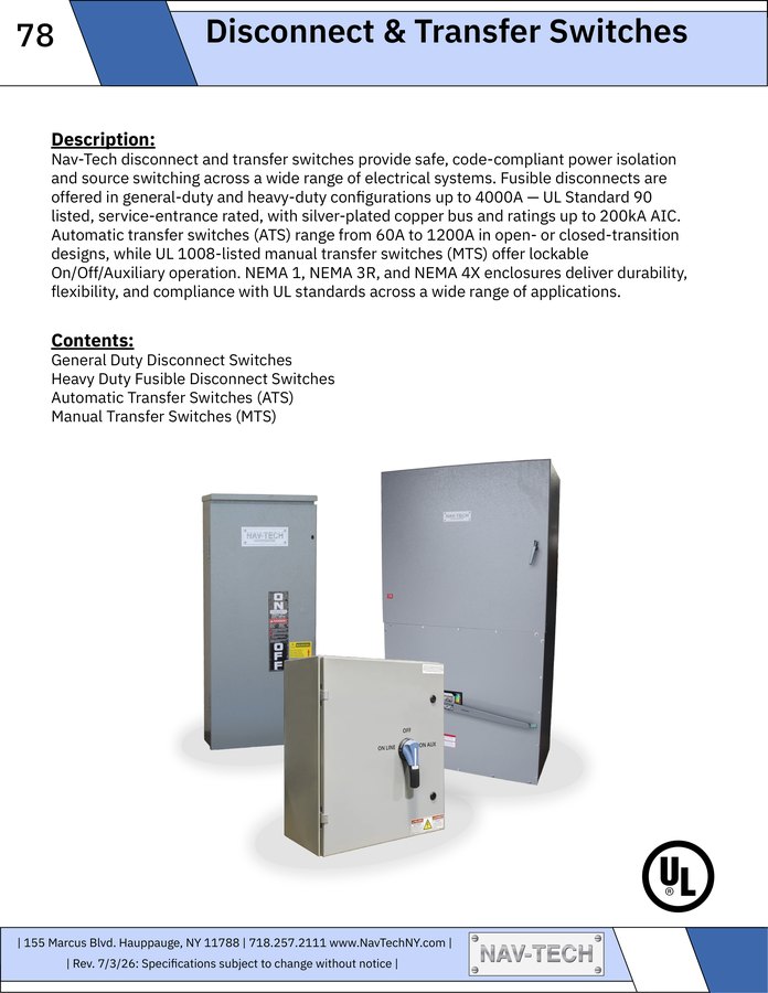 Nav-Tech Disconnect & Transfer Switches Catalog cover