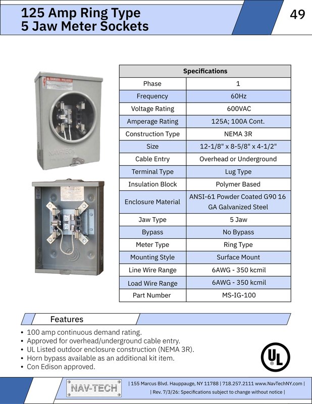 125 Amp Ring Type 5 Jaw Meter Sockets