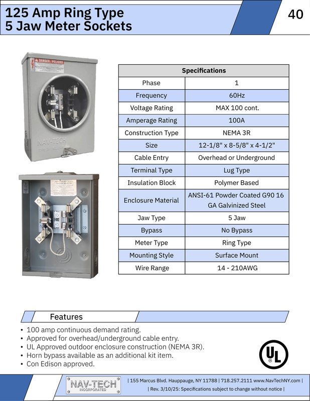 125 Amp Ring Type 5 Jaw Meter Sockets drawing